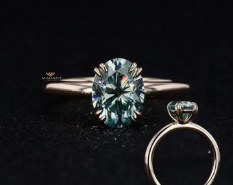 Green Oval Cut Engagement Ring, 1.50CT Lab Grown Diamond Solitaire Wedding Ring, Double Prong Set Ring, 14K Solid Gold Promise Ring For Her.