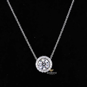 Round Cut Diamond Pendant Necklace, Diamond Halo Set Pendant  With Charm Chain 14k White Gold Pendant Necklace, Charm Necklace For Woman.