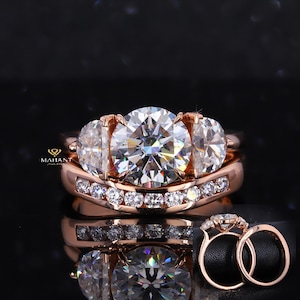 Round Cut Lab Grown Diamond With Half Moon Cut Three Stone Ring With Diamond Curved Wedding Band, 18K Rose Gold  Wedding Ring set for Bridal