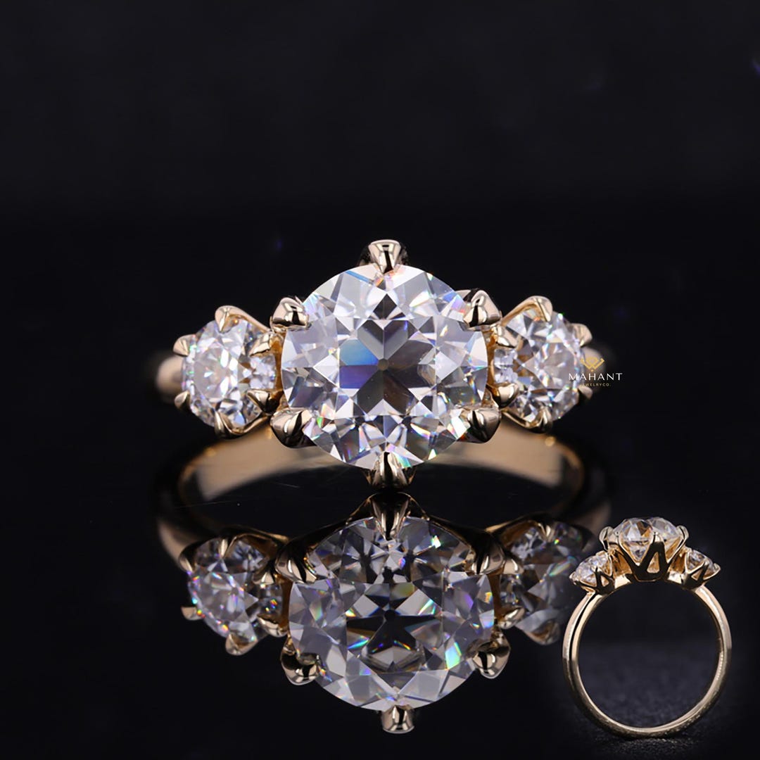 Round Cut Three Diamond Engagement Ring, Lab Grown Diamond Ring