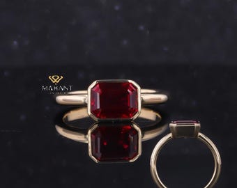 Ruby Emerald Cut Engagement Ring, Bezel Set Solitaire Ring, 14k Yellow Gold Ring Gemstone Ring, Stackable Ring, Ring For Woman, Promise Ring