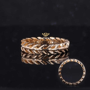14k Gold Laurel Wreath Ring Womens Leaves Wedding Band Solid Gold Floral Ring Dainty Stackable Band Handmade Vine Anniversary Rings for Her.