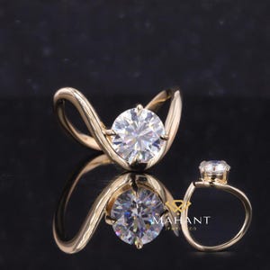 Lab Grown round Solitaire Diamond Engagement Ring. 14k Gold Curved Wedding Ring, Wave Stacking Ring, Deep Curved Contour Band, Gift For Her.