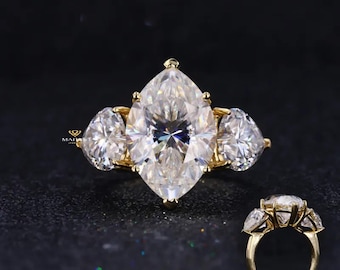 3.5 Carat Marquise Cut With Heart Cut Lab Grown Diamond Three Stone Wedding Ring, 14k Solid Gold Engagement Ring, Cocktail Ring Gift For Her