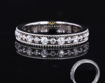 Round Cut Lab Grown Diamond Engagement Band, Milgrain Set Half Eternity Designer Wedding Band, Matching Stacking Band For Bridal Set Ring.