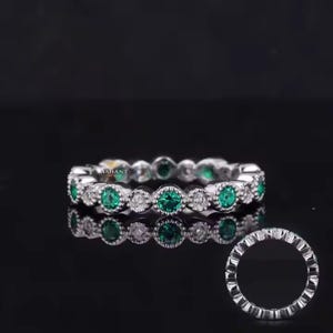 Milgrain Set Bezel Set Diamond Eternity Wedding Band, Lab Grown Diamond Ring, green gemstone Bezel set band, White/Yellow/Rose Gold Band.