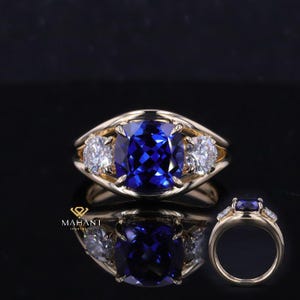 Three Stone Cushion Cut Blue Sapphire Engagement Ring, 14k Gold lab grown diamond Ring, Anniversary Ring, Art Deco Wedding Ring For Bridal.