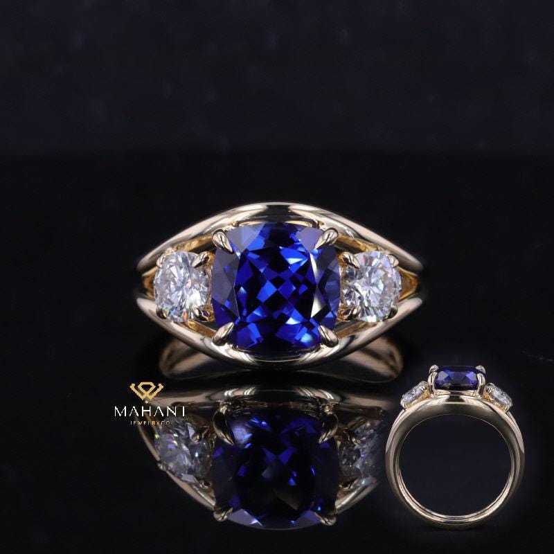 Three Stone Cushion Cut Blue Sapphire Engagement Ring, 14k Gold lab grown diamond Ring, Anniversary Ring, Art Deco Wedding Ring For Bridal.