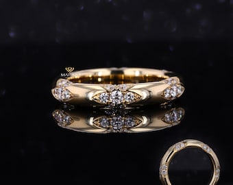 Round Cut Lab Grown Wedding Band, 18k Yellow Gold Matching Band, Stackable Full Eternity Wedding Band, Art Deco Style Designer Women's Band.