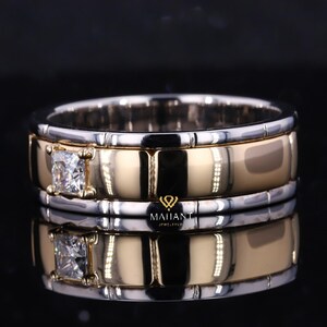 Princess Cut Lab Grown Diamond Anniversary Band For Her/Him, Unisex 2 Tone Glossy Finish Art Deco Designer Wedding Band, Solitaire Ring Gift