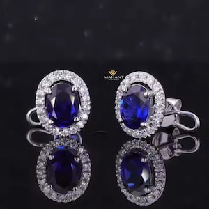 High-Quality Real Blue Sapphire Stud Earrings for Women, Oval Sapphire Diana Replica Studs, Lab Grown Diamond Halo Kate Oval Stud For Her.
