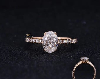 Oval Lab Grown Diamond Ring Pave Set Thin Band Oval Engagement Ring, 14K Solid Gold Solitaire Ring, Delicate & Dainty Promise Ring For Her.