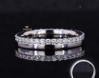 Round Lab Grown Diamond Wedding Band Women 14K Gold 3MM Wide Plain Band One Side Pave Set Diamond Ring Half Eternity Stacking Ring for her.