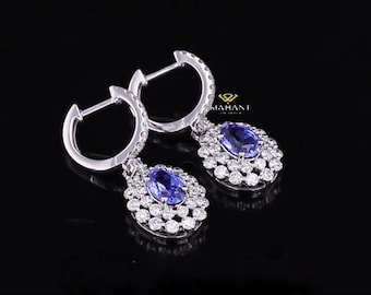 Pendiente de zafiro azul de corte ovalado con doble halo de diamantes redondos, pendiente de zafiro en oro de 14 quilates, pendiente de piedra de nacimiento de septiembre, regalo para mujer.