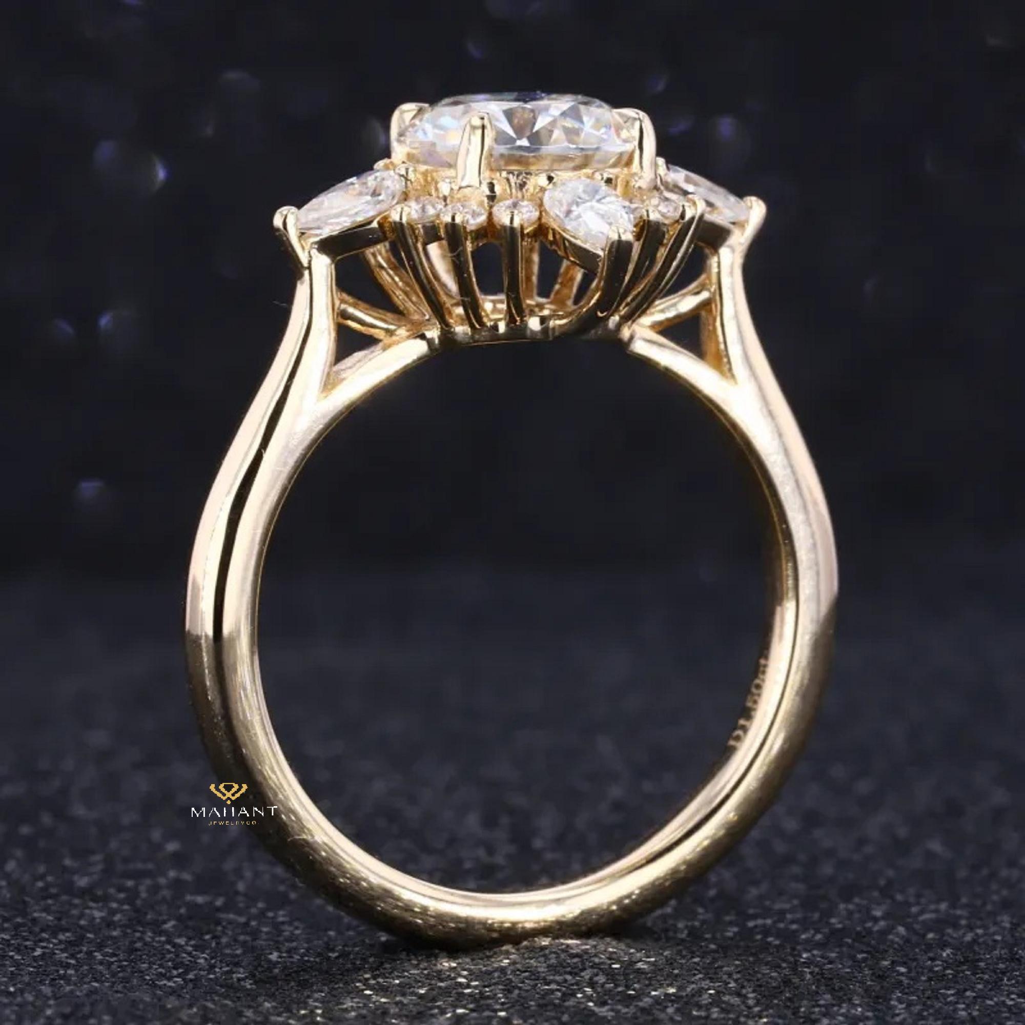 Round & Pear Cut Moissanite Engagement Ring, Vintage Flower Shape Ring ...