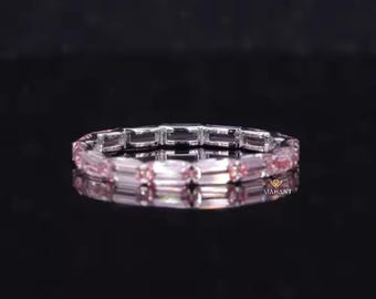 Pink  Baguette cut Lab grown Diamond  Wedding band woman Vintage White gold Thin band Full eternity Diamond band Matching Anniversary ring
