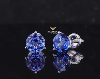 Pendiente solitario de zafiro azul de talla redonda, pendiente de oro blanco de 14 quilates, pendiente minimalista, pendiente con cierre de rosca, pendiente para mujer, regalo de aniversario para mujer.