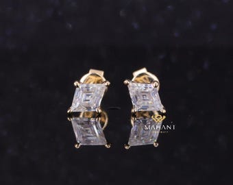 Lozenge Cut Lab Grown Diamond Stud, 14k Gold Stud Earrings,