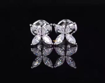 Marquise Cut Diamond Earrings, Marquise Lab Grown Diamond Earrings, Flower Design Earrings, Screw Back Earrings, Anniversary Gift For Her.