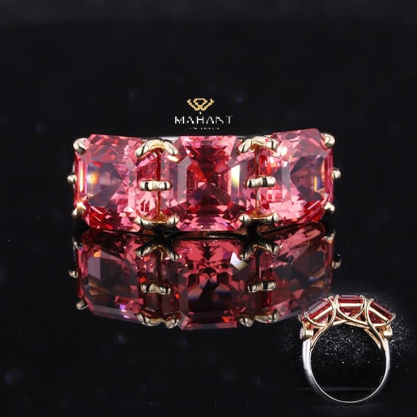 Padparadscha Asscher Cut Three Stone Engagement Ring, minimalist diamond bezel set ring, Claw Prong Unique Ring For Woman, 18k Two Tone Ring