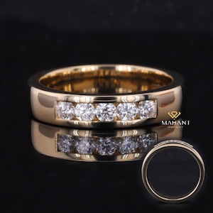 Lab grown Round Cut Diamond wedding band, diamond channel set wedding band wide wedding band for him, anniversary gift, 14k yellow gold Band