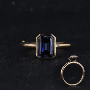 Sapphire Ring, Sapphire Engagement Ring, Emerald Cut Ring, Lab Grown Diamond Bezel Sapphire Ring, Gift For Her, September Birthstone.