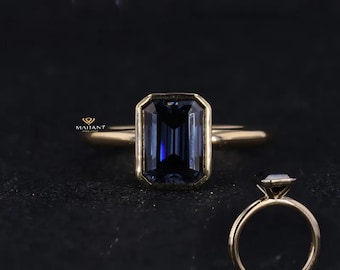 Sapphire Ring, Sapphire Engagement Ring, Emerald Cut Ring, Lab Grown Diamond Bezel Sapphire Ring, Gift For Her, September Birthstone.