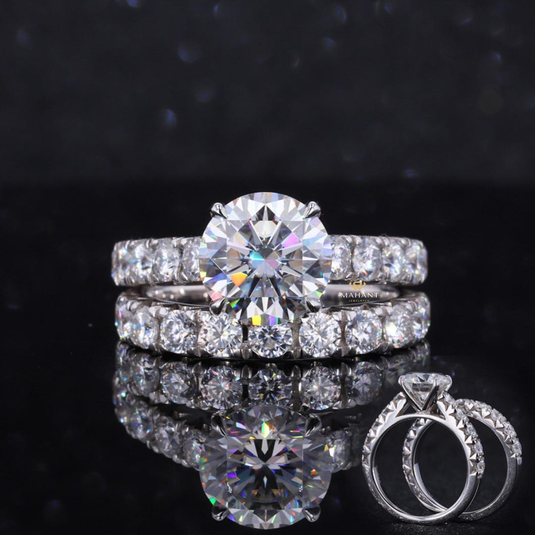 Round Cut Diamond Engagement Ring With Half Eternity Wedding Band, 14k ...