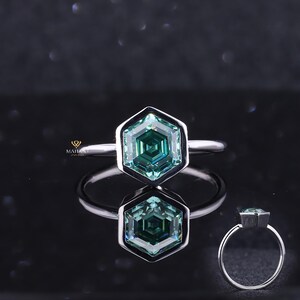 2 Caret Step Green Hexagon Cut Lab Grown Diamond Engagement Ring, Full Bezel Set Solitaire Designer Wedding Ring, Anniversary Ring For Her,