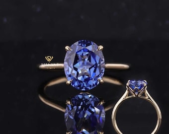 Blue Sapphire Oval cut solitaire Engagement Ring, Tulip setting prong ring, 14K Gold Ring, Birthstone Ring, Stackable Ring, Ring For Woman.