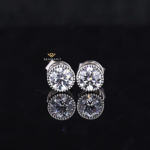Lab Grown Round Cut Diamond  Stud Earrings, Milgrain Bezel Set Studs, Wedding Earrings, push Back Earrings, Solitaire Stud, Gift For Her.