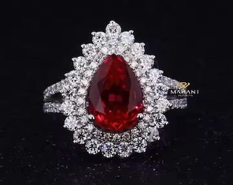 Anello di fidanzamento a forma di pera con rubino, anello con gambo diviso, anello con doppio alone di diamanti taglio rotondo, anello mezza eternità, anello in oro bianco 14k per sposa.