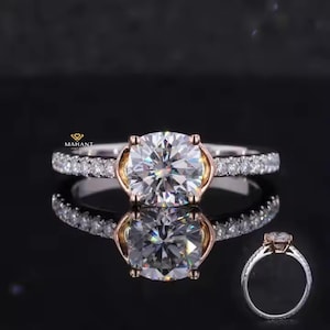 2.00 Carat Cushion Cut Lab Grown Diamond Wedding Ring, bezel style Solitaire Ring, 14K Two Tone Ring, Half Eternity Ring, Gift For Women&#39;s.
