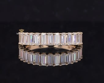 Emerald Cut Diamond Half Eternity Band, Lab Grown Diamond Wedding Band, 14k Anniversary Gift For Women, Matching-Stackable Band, Bridal Set.