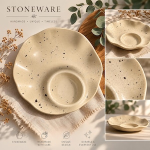 May include: A speckled stoneware plate with a wavy rim and a central recessed area. The plate is a creamy beige color with dark brown speckles. The image also includes the text "STONEWARE" and the phrases "HANDMADE • UNIQUE • TIMELESS".