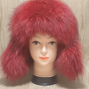 Women&#39;s  Fox Fur Hat - Winter Natural Fur Hat with Leather and Ears - Warm and Stylish Headwear - Handmade - Red