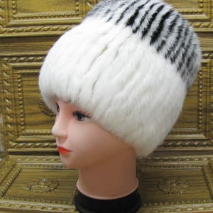 Handmade White Rabbit Fur Hat: Knitted Winter Warmth