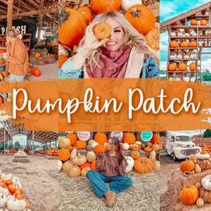 May include: A collage of images showcasing a pumpkin patch. The images feature various pumpkins, people, and a vintage truck. The text "Pumpkin Patch" is overlaid on an orange banner. The pumpkins vary in size and color, creating a festive autumn scene.