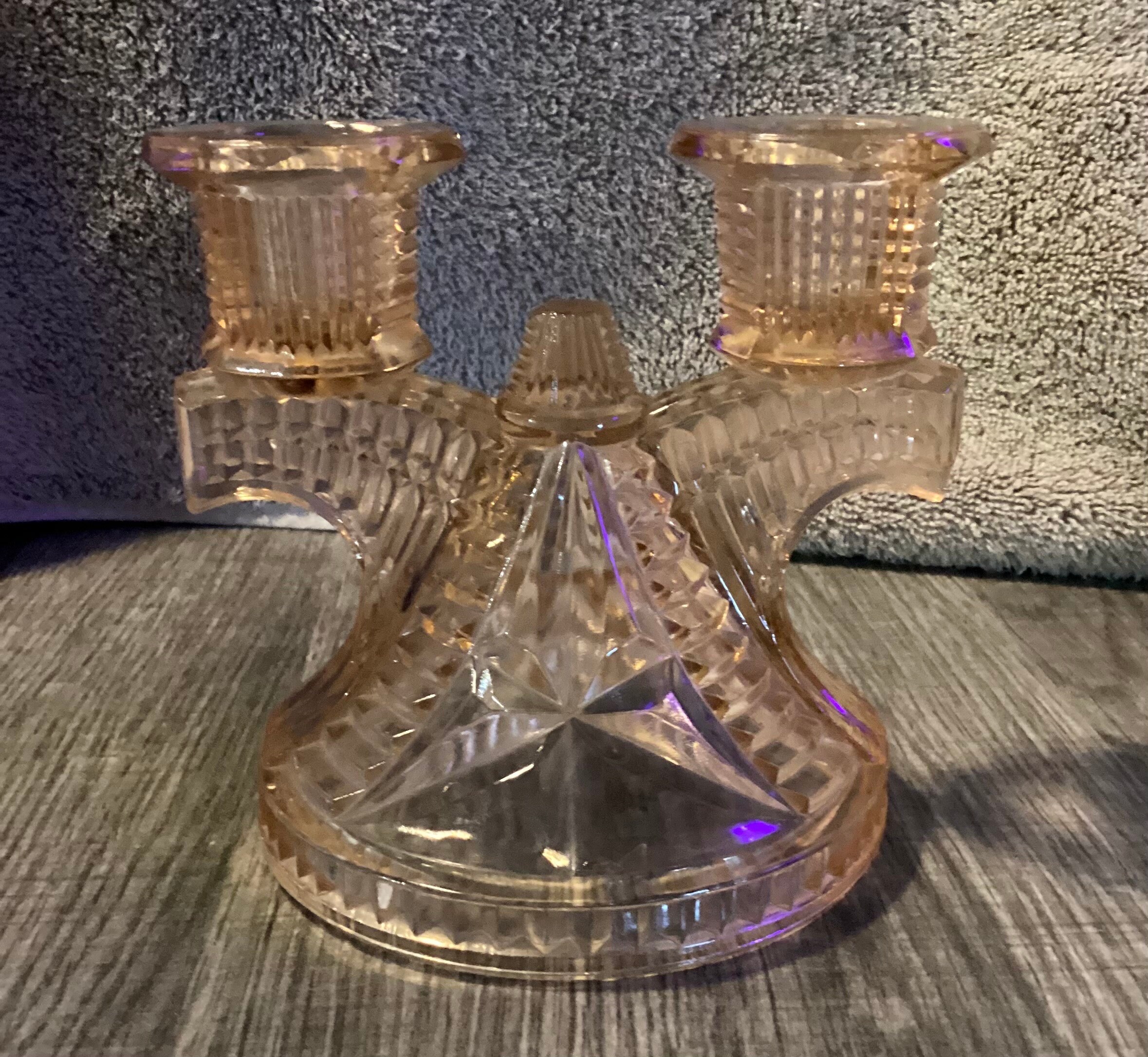 Vintage Federal Glass Pink Stars and Bars Double Candle Holder
