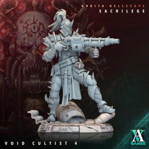 May include: A gray plastic miniature figurine of a Void Cultist 4 from the game "Orbita Hellscape: Sacrilege". The figure is holding a gun and is standing on a base with a scroll.