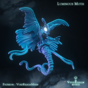 May include: A luminous blue moth figurine with detailed wings and a glowing eye. The figurine has a segmented body and flowing tendrils. The text "Luminous Moth" is at the top. The text "VoidRealmMinis" is at the bottom.