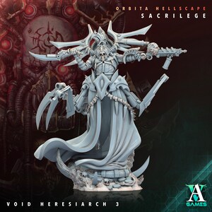 May include: A grey plastic miniature of a skeletal figure with a large, flowing robe and multiple weapons. The figure is standing on a base with skulls and bones. The text "ORBITA HELLSCAPE SACRILEGE VOID HERESIARCH 3" is visible at the bottom of the image.