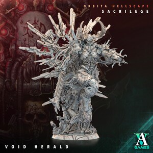 May include: A detailed, white, plastic miniature of a Void Herald from the game "Orbita Hellscape: Sacrilege". The miniature is a skeletal, demonic figure with a large, spiky head and wings. The miniature is standing on a base with the text "Void Herald" printed on it.