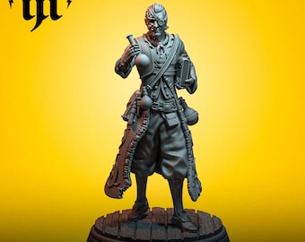 May include: A detailed gray figurine of a character in a long coat, holding a flask and a book. The figure has a mechanical eye and is standing on a wooden platform. The background is a solid yellow.