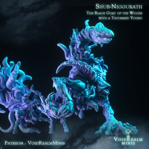 May include: A detailed, blue and purple fantasy miniature of Shub-Niggurath, the Black Goat of the Woods, with a Thousand Young. The figure has a monstrous, multi-limbed design with tentacles and a gaping maw. Text on the image reads "Shub-Niggurath" and "VoidRealmMinis."