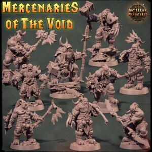 May include: A set of nine unpainted miniature figures of orcs, each with a unique weapon and pose. The miniatures are made of a gray plastic material and are ready to be painted. The miniatures are part of a set called "Mercenaries of the Void".