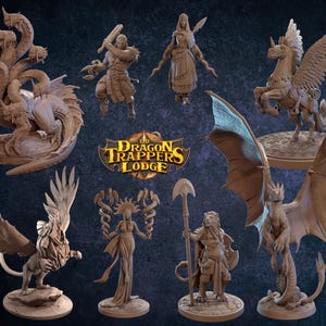 May include: A set of nine fantasy creature figurines, including a hydra, a griffin, a winged horse, a dragon, and a woman with a staff. The figurines are painted in shades of brown and gray and are set against a dark blue background. The text "The Dragon Trappers Lodge" is visible in the center of the image.