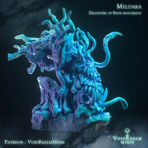 May include: A detailed, blue and purple fantasy miniature of Meldara, Daughter of Shub Niggurath. The creature has multiple tentacles, sharp teeth, and a grotesque face. The base is a rocky formation. Text includes "Meldara" and "VoidRealmMinis".