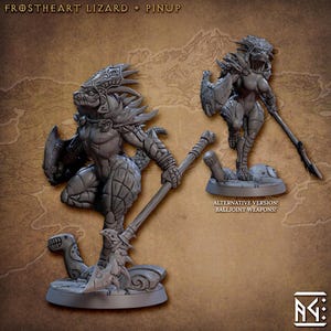 May include: A gray 3D printed miniature of a lizard person warrior holding a spear and shield. The miniature is posed in a running stance. The text "ALTERNATIVE VERSION! BALLJOINT WEAPONS!" is visible in the background.