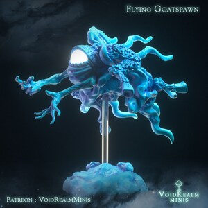 May include: A blue and purple Flying Goatspawn miniature figure, mounted on a metal rod and a cloud-like base. The figure has multiple limbs and a glowing eye. The text "Flying Goatspawn" is at the top.